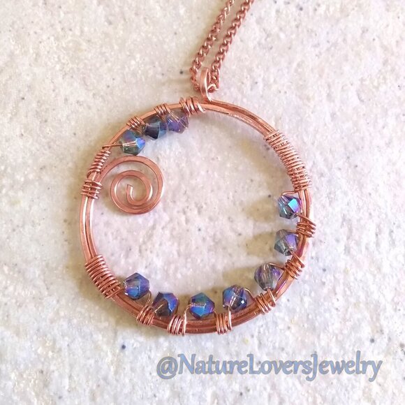 Handmade & Wire Wrapped! Bohemian Crystal Studded Copper Circle Pendant + Chain! - Picture 5 of 10